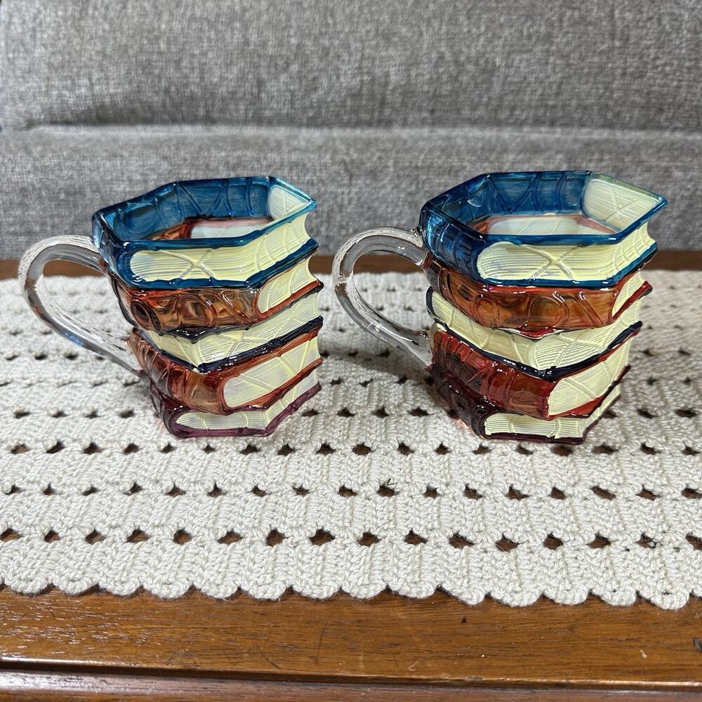 Set 2 Handcrafted 3D Book Lover Themed Glass Mugs Colorful Hand Painted Library